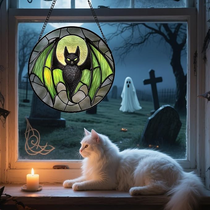 Stained Glass Window Hanging - Halloween Black Bat Green Wings Monster Suncatcher for Doors Garden Home Spooky Sun Catchers Gothic Decor Horror Gift for Women Men Friend Boy Girl 15 in