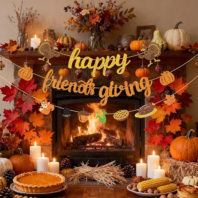 Happy Friendsgiving Banner Thanksgiving Party Decorations Glitter Friends Giving Garland Plastic Pre Strung Streamers Turkey Pumpkin Fall Leaves Sign for Home Decor Thank You Party Supplies