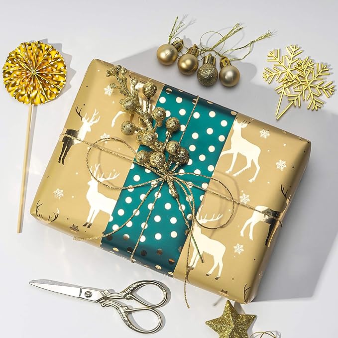 WRAPAHOLIC Green Christmas Wrapping Paper Set - Green and Gold Metallic Foil Shine Christmas Wrapping Paper Bundle with Gift Bow & Ribbon & Tag & Sticker