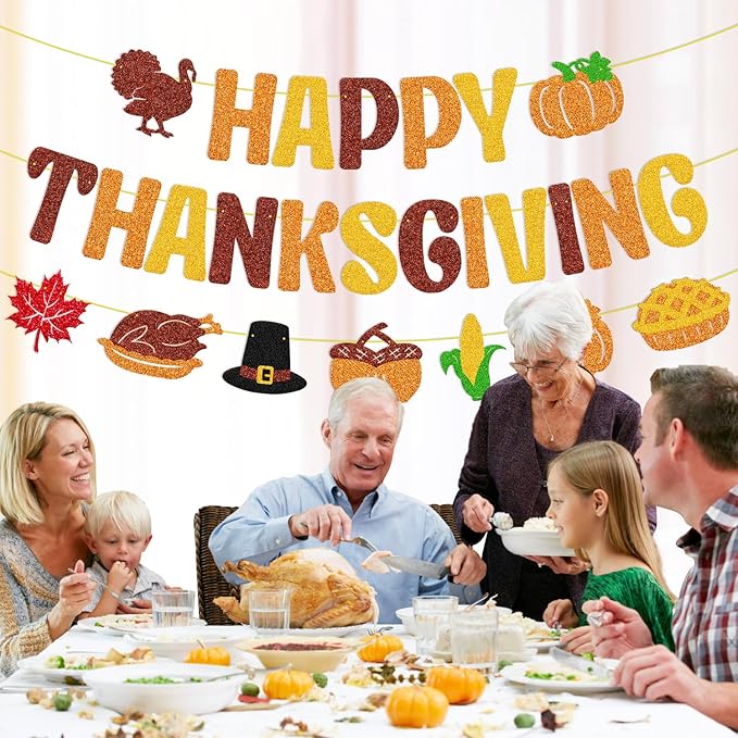 Happy Thanksgiving Banner Thanksgiving Day Garland Fall Maple Leaves Autumn Pumpkin Pie Turkey Harvest Theme Banner Thanks Giving Party Decorations