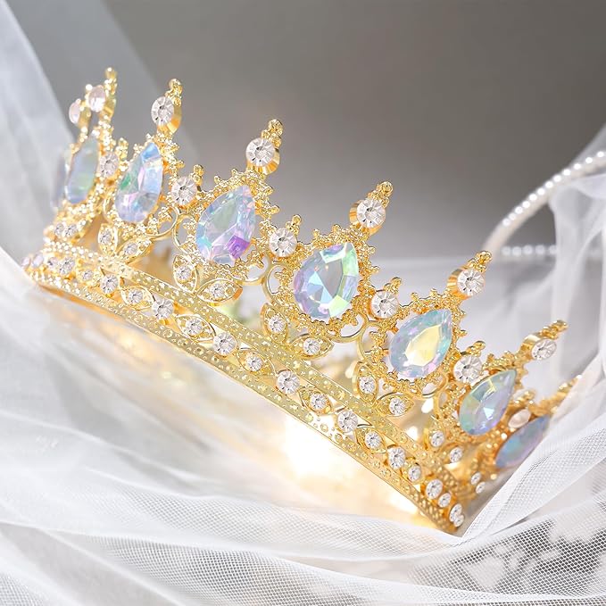 AB Gold Crown for Women Crystal Tiara and Queen Crown for Girl Wedding Headband for Bride Hair Accessories for Costume Birthday Party Cake Decoration Prom