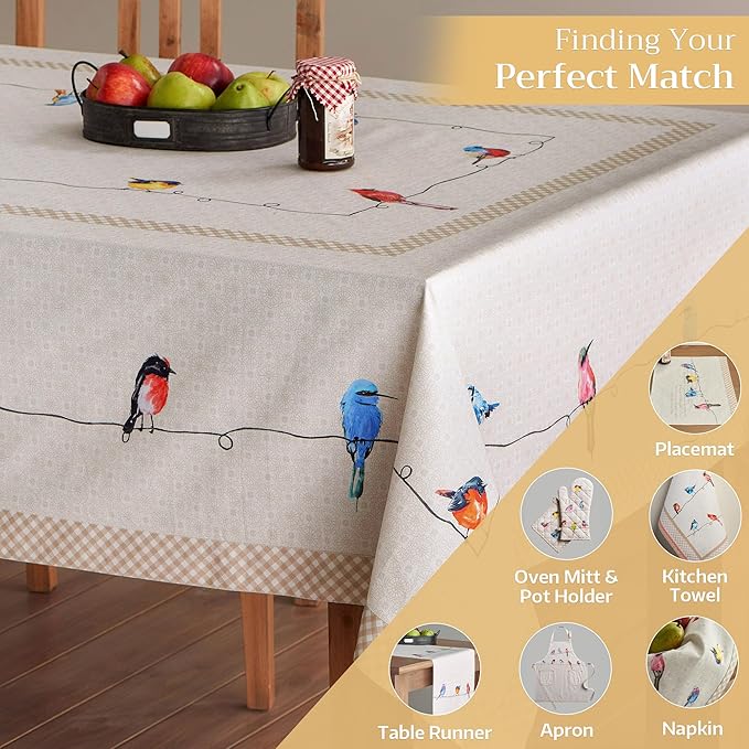 Maison d' Hermine Table Cloth Rectangle Table 100% Cotton 54 x 72 Inches Tablecloth Reusable Decorative for Dining Room, Farmhouse, Home, Party, Festive & Wedding Spring Summer - Birdies on Wire