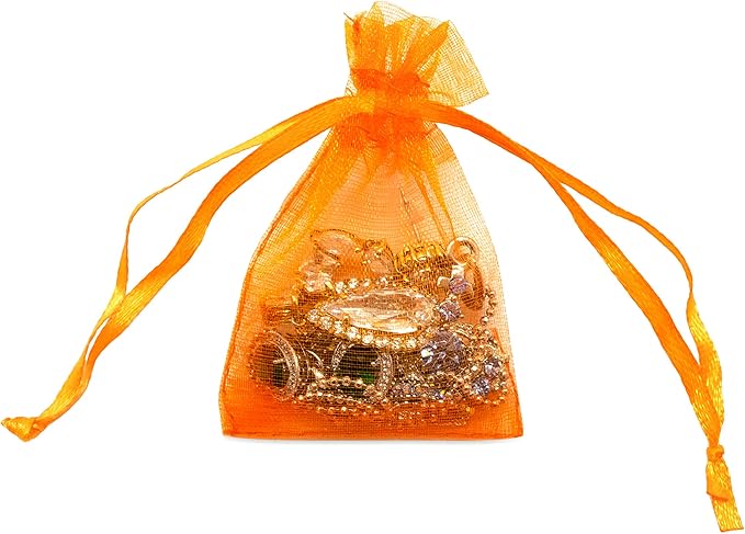 TheDisplayGuys 100-Pack 3x4 Orange Sheer Organza Gift Bags with Drawstring, Goodie Bags for Jewelry, Candy Bags, Treat Bags, Wedding Favors Small Mesh Bags