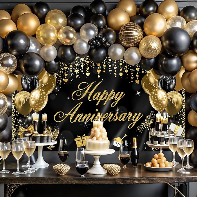 Avezano Happy Anniversary Banner Decorations for Wedding, Bridal Shower, Party - 70.8 x 43.3 Inch (Black and Gold)