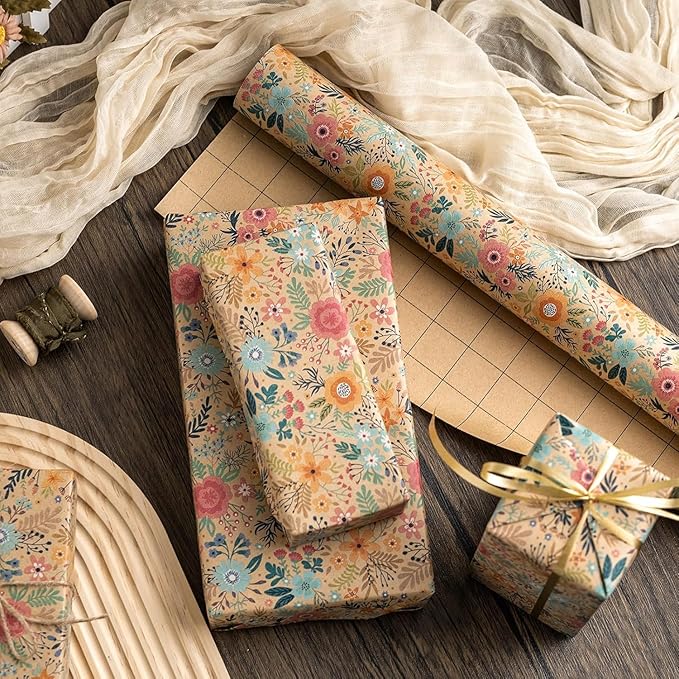 MAYPLUSS Colorful Floral Kraft Wrapping Paper Roll - 17Inch x 16.5Feet - Garden Boho Flower Gift Wrap Paper Spring Summer Blooms Sheet for Wedding, Bridal Shower, Birthday and Engagement