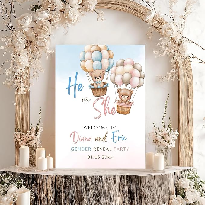 Gender Reveal Welcome Sign – Teddy Bear Balloon Theme,Personalized Teddy Bear Gender Reveal Welcome Sign, He or She Yard Sign, Boy or Girl Gender Reveal Sign, We Can Bearly Wait Gender Reveal .9