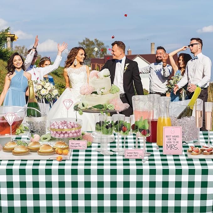 WNINK 3 Pack Green and White Checkered Rectangular Plastic Tablecloths, Green Gingham Waterproof Disposable Table Covers 54" x 108" for Birthday, Wedding, Outdoor Picnic Camping Parties