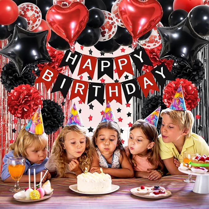 ZERODECO Red Black Birthday Party Decorations, Happy Birthday Banner Pompoms Balloon Arch Fringe Curtain Party Décor for Baby Girls Women Black and Red Party