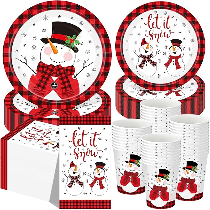 250 Pcs Christmas Snowman Paper Plates and Napkins Party Supplies Red Black Buffalo Plaid Winter Disposable Tableware Set for Christmas Winter Holiday Xmas Party Decoration