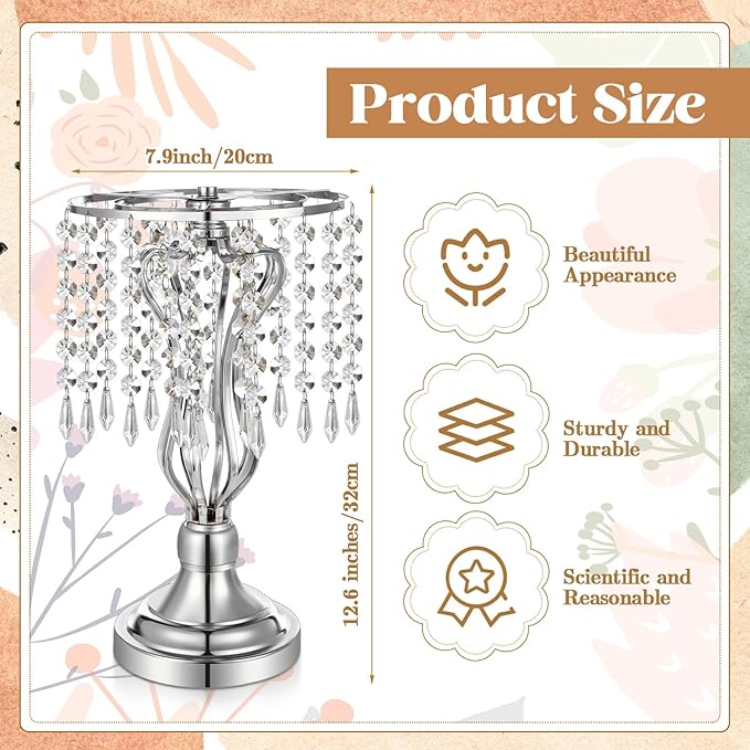 16 Pcs Wedding Centerpieces for Tables, Gold Silver Vase Centerpiece with Chandelier Crystal Metal Flower Stand, Tall Flower Vases for Wedding Party Home Decoration(Silver,12.6)