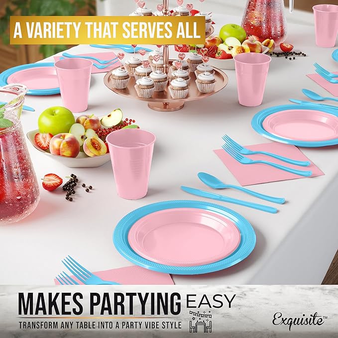 Party Solids 350 Pieces Gender Reveal Plastic Plates For Party, Gender Reveal Disposable Plates Set, 50 Of Each 9" Dinner Plate Set, 7" Dessert Plate, Cups, Napkins & Cutlery Plastic Dinnerware