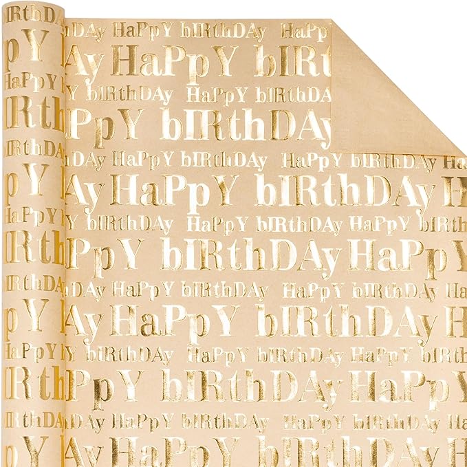 WRAPAHOLIC Jumbo 3D Kraft Birthday Wrapping Paper Roll - 30 Inch x 16.5 Feet - Gold and Brown Happy Birthday Wrapping Paper with Embossed Perfect for Holiday, Party Celebration