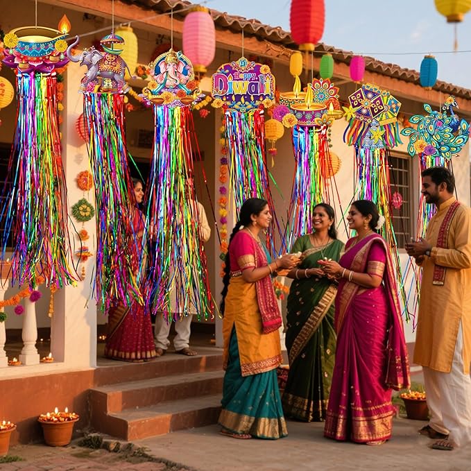 8 Pcs Diwali & Ganesh Chaturthi Outdoor Decorations with Tassels Diwali Yard Hanging Signs 3.3 ft Indian Festival Party Decorations with Ganesha Idol Peacock Lotus for Lawn Garden Decor