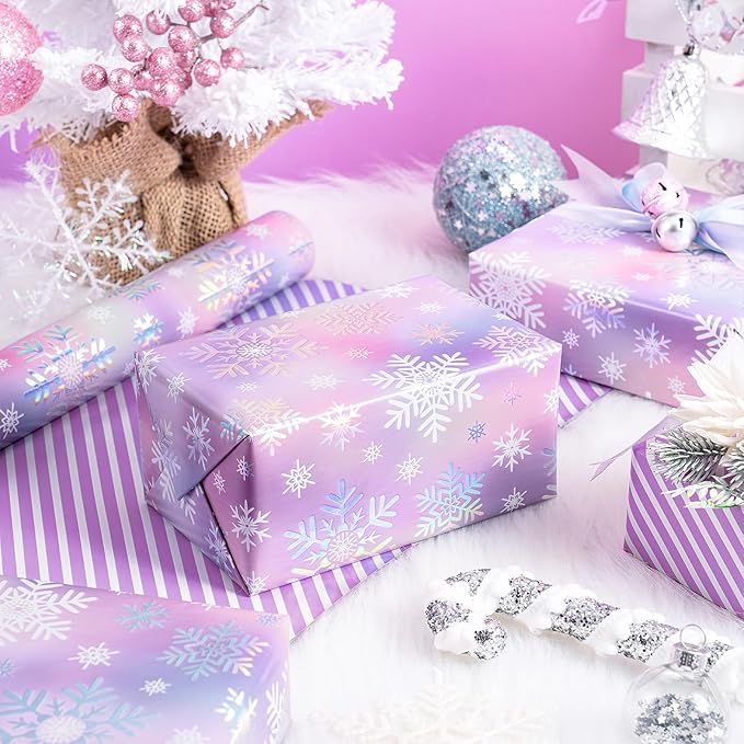 RUSPEPA 30" X 32.8' Reversible Christmas Wrapping Large Paper Roll, Jumbo Roll, Colorful Foil Pastel Snowflake Design and Purple Stripes Dreamy Gift Wrap for Girls, Women, Family, Xmas Holiday Gifts