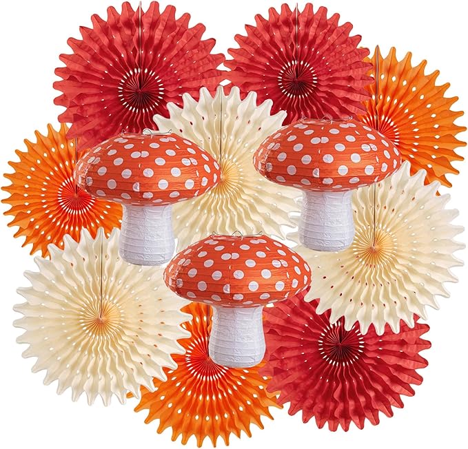 Homarkable Mushroom Paper Lanterns Paper Fans, Mushroom Party Decorations, with 3 Mushroom Lanterns 12 Inches, Red Orange Folding Fans, Honeycomb Party Decorations for Nursery Garden Forest Party