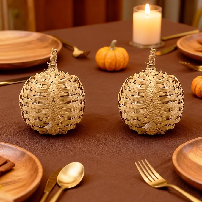 2Pcs of 5 Inch Bamboo-Woven Autumn Harvest Big Pumpkin Decor is Suitable for Thanksgiving & Halloween Fall Decorations. These Pumpkins are Perfect as Decorative Pumpkins for Table Decor