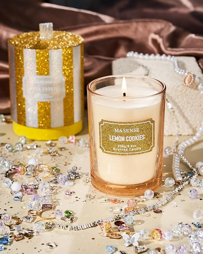 M&SENSE Lemon Scented Candles, Classic Size 8.8 oz Glitter Jar Candles, Holiday Candles Gifts for Women, Strong Scented Natural Soy Candle for Winter Home Decor, 50 Hours Long Burning Candle