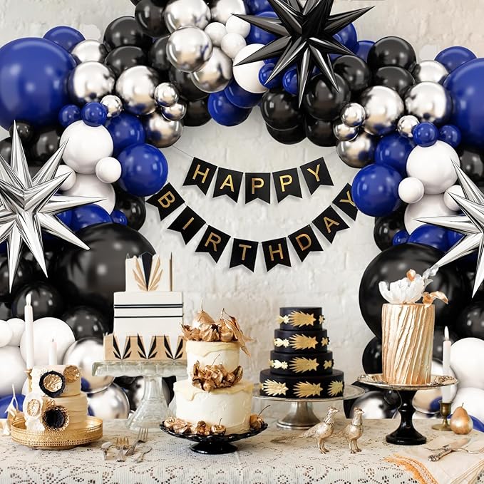 Navy Blue Black Balloon Arch Kit,Balloon Garland with Star Foil Balloons Metallic Sliver White Dark Blue Latex Balloons for Boys Birthday Baby Shower Party Decorations