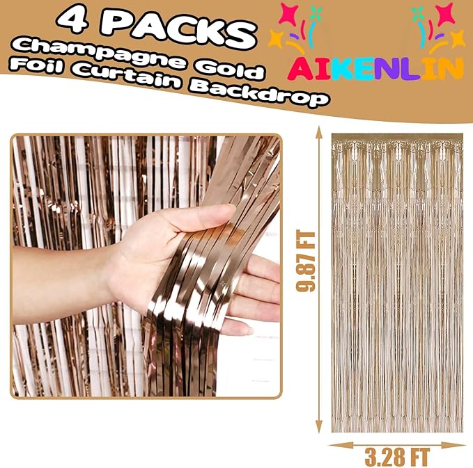 Champagne Gold Foil Fringe Curtain Backdrop, 4 Pack, 3.2Ft x 9.8Ft, Polyester (Mylar), for Party, Photo Booth Props, Birthday, Wedding, Christmas Decoration Supplies