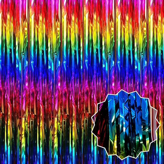 3 Pack Rainbow Foil Fringe Curtains Backdrop, 3.28 x 6.6 Ft Metallic Streamers Tinsel Curtains Background for Photo Booth, Birthday, Halloween, Christmas, Thanksgiving, New Year Party Decorations