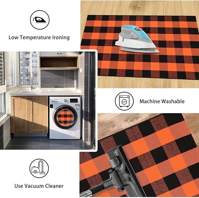 KIMODE Fall Outdoor Rug Buffalo Plaid Orange and Black 3'x5',Washable Cotton Halloween Door Mat,Reversible Fall Front Porch Rug Decor,Checkered Layering Rugs for Entryway,Front Door
