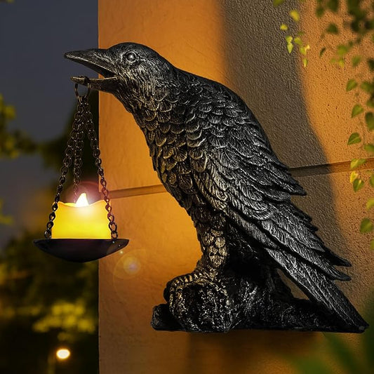 Halloween Decorations Outdoor Indoor Gothic Crow Wall Decor Table Candle Holder Raven Tealight Statue for Yard Patio Garden Bedroom Half Silver