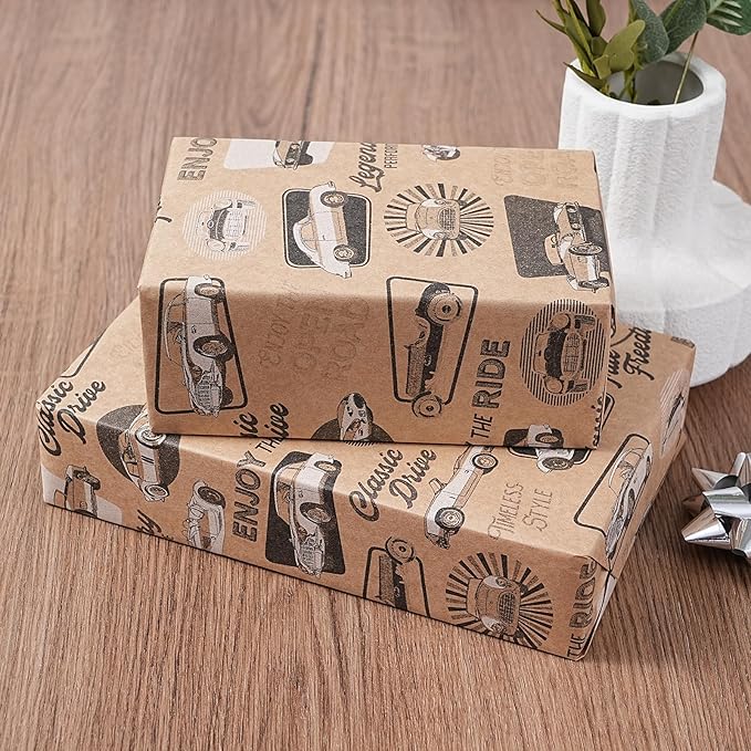Ulmasinn Kraft Birthday Wrapping Paper Roll - 17 Inches X 33 Feet - for Boys Girls Kids Retro Classic Racing Sports Car Pattern Great for Birthday, Party, Anniversary