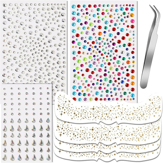 Teenitor Face Gems and Face Glitter Freckles Kit, 4pcs Gold Sparkle Freckles Face Tattoo and 3pcs Face Rhinestones for Makeup, Face Glitter Tattoos, Rhinestone Face Jewels for Women