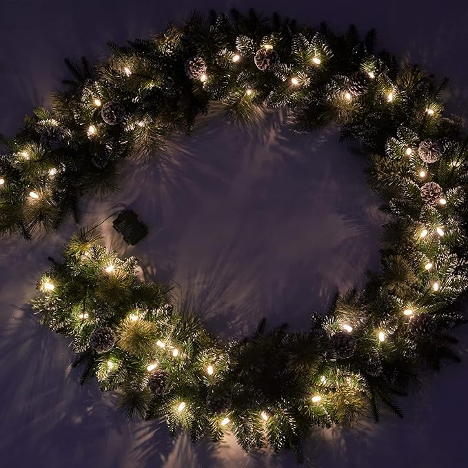 9Ft Pre-Lit Christmas Garland, Plug in, Green, 50 White Lights, Fireplace Stairs Mantle Door Indoor Outdoor, Decorated Pine Cone and Snow Style