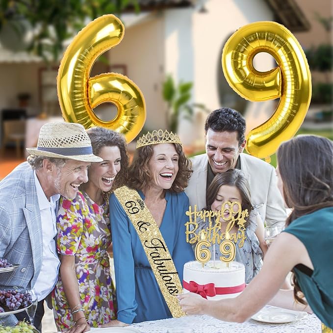 69th Birthday Decorations for Women Gold with 69th Birthday Sash and Crown, Cake Topper and Candles, Number Balloons Gold, 69 Year Old Gifts for Women