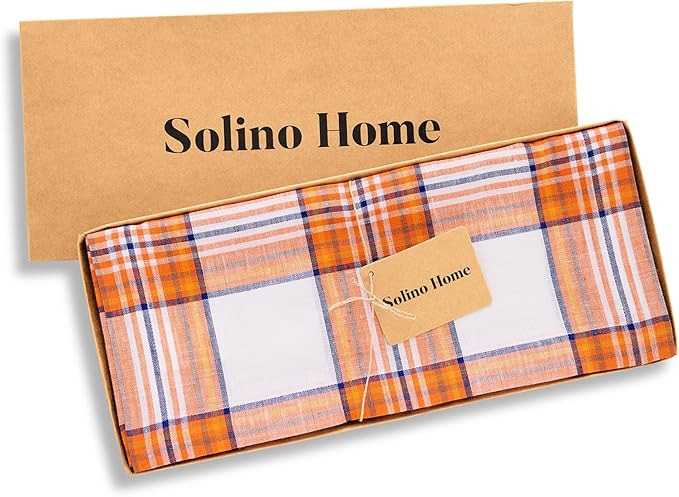 Solino Home Fall Table Runner 72 Inches Long - 100% Pure Linen Orange Tartan Plaid Table Runner 14 x 72 Inch for Dining, Autumn, Thanksgiving