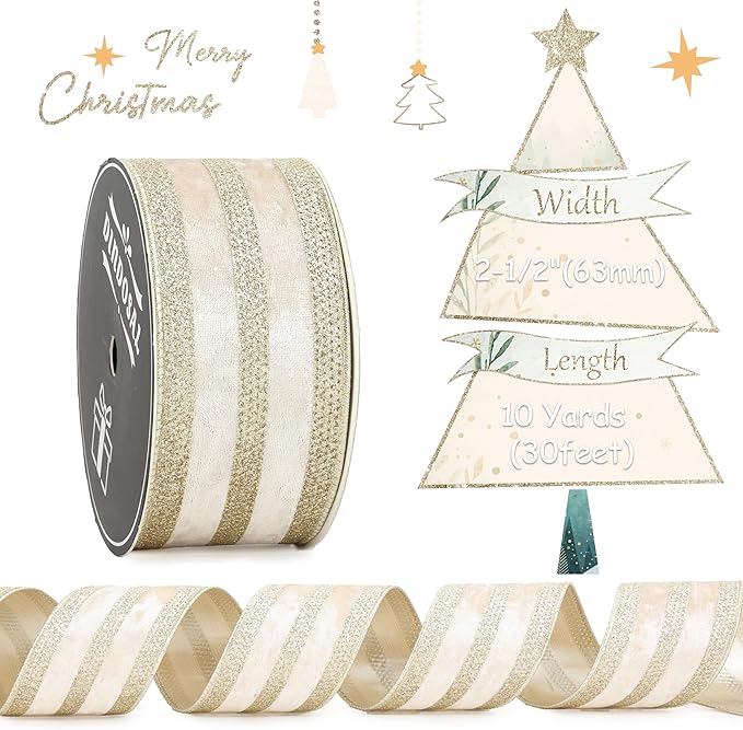 Champagne Velvet Wired Ribbon with Glitter Stripe 2.5 Inch Crushed Velvet Christmas Ribbon, 10 Yards for Gift Wrapping, Crafts, Christmas Tree Decorations, Wreaths, Garlands