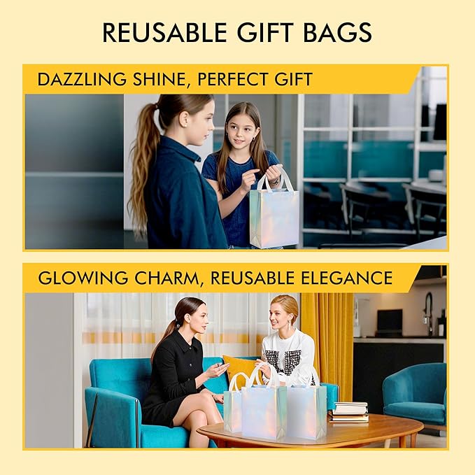 100 Pcs Iridescent Glossy Gift Bags Medium Size, 8x4x10 In Holographic Reusable Gift Bags with Handles & Sturdy Base, Ideal for Birthday, Wedding, Bachelorette, Party Favors, Holiday Goodie Bag