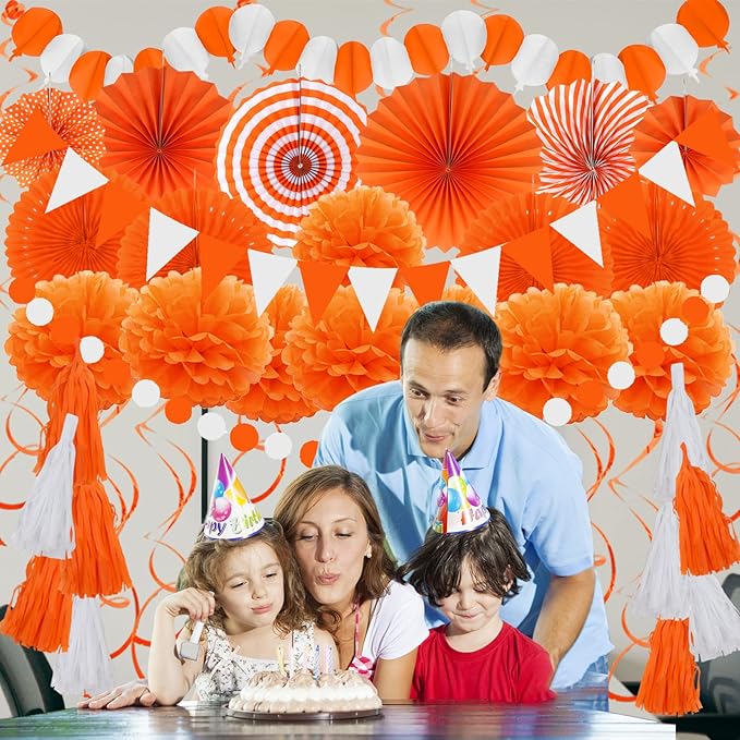 ZERODECO Party Decorations, 41 Pcs Orange Papar Fans Pompoms Garlands String Tissue Paper Tassel for Halloween New Years Spring Festival Wedding Birthday Party