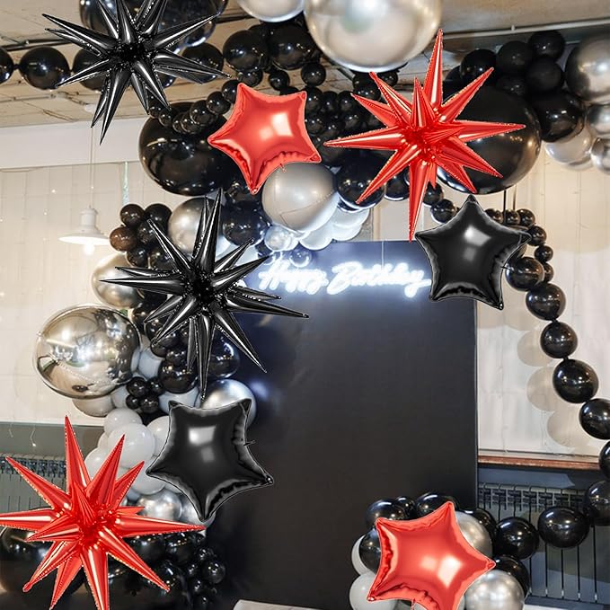 22 Pcs Star Balloons,22/18/10 Inch Star Foil Mylar Balloon,Spike Balloons and Four Pointed Balloon for Party Supplies Christmas Birthday Wedding Photo Booth (Black Red)