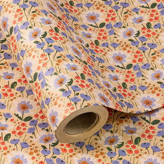 WRAPAHOLIC Kraft Floral Wrapping Paper Roll - Mini Roll - 17 Inch x 9.8 Feet - Watercolor Flower Wrapping Paper, Perfect for Wedding, Birthday, Bridal Shower, Tea Party