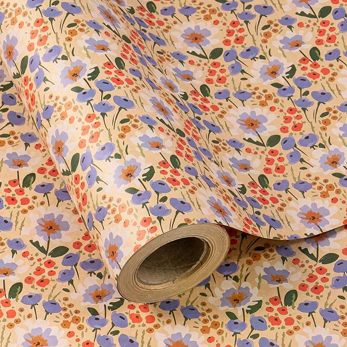 WRAPAHOLIC Kraft Floral Wrapping Paper Roll - Mini Roll - 17 Inch x 16.5 Feet - Watercolor Flower Wrapping Paper, Perfect for Wedding, Birthday, Bridal Shower, Tea Party