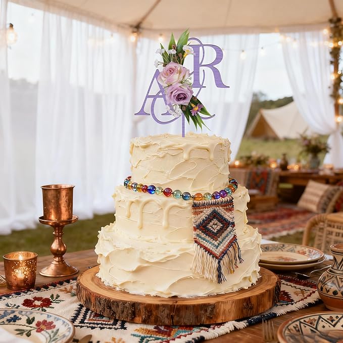 Wedding Cake Topper with 3D Artificial Flowers and Green Leaves Custom Initials Personalized Wooden Anniversary Cake Decoration (Lavender)