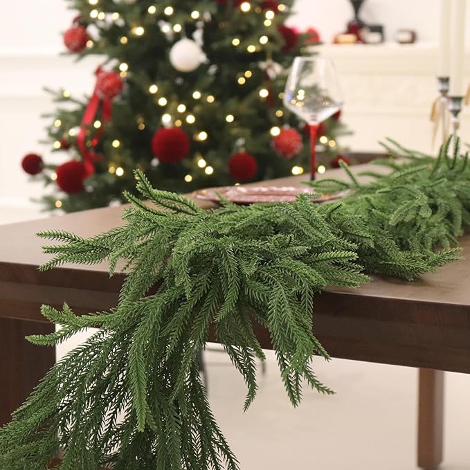 9FT Christmas Garland Norfolk Pine Garland Real Touch Artificial Greenery Garland for Mantle Fireplace Table Indoor Outdoor Holiday Decortions (Dark Green)