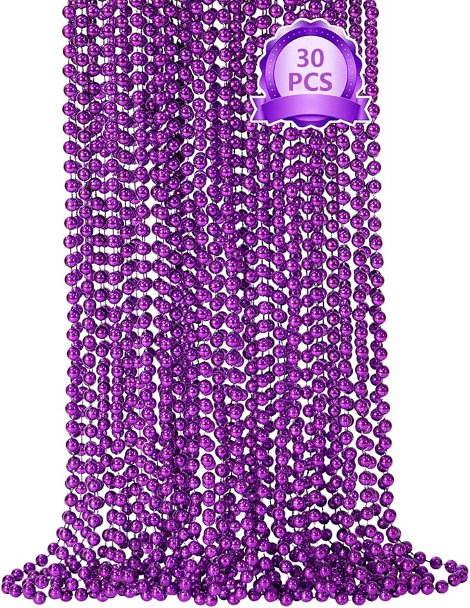 SHAOQINLIN 30 PCS Purple Mardi Gras Beads, Purple Beads Necklaces 33" Metallic Beaded Costume Necklaces Party Necklaces for Halloween Mardi Gras Parade Throws Wedding Birthday Party Favors