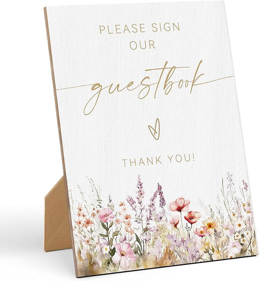 Floral Wedding Please Sign Our Guestbook Sign, Wedding Reception Table Decor, Reception Table Wooden Sign with Back Stand for Bridal Shower Parties, Engagement Night Accessories, Anniversary Party, 16
