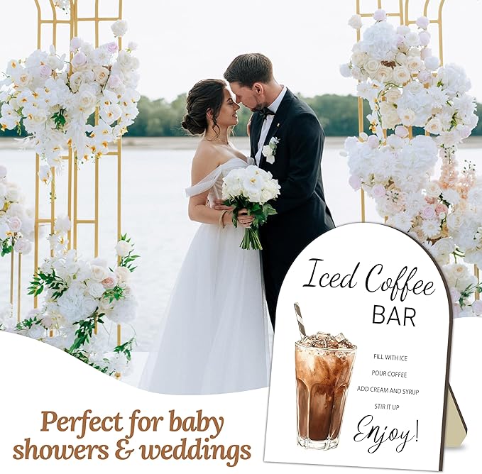 Iced Coffee Bar Wooden Table Sign, Iced Coffee Bar Sign for Baby Shower, Bride Shower Table Signs, Drinking Station Welcome Board, Caffeinated Drink Board for Baby Party, Bridal Party Drink Sign 8x10