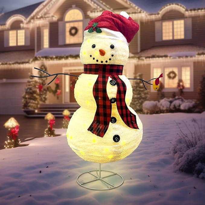 LED Lighted Christmas Snowman Outdoor: JALUNIVERSAL TRI 60 Inch Collapsible Snowman Decorations with 150 LED Lights Plug-in - for Holiday New Year Winter Garden Decor Xmas Home
