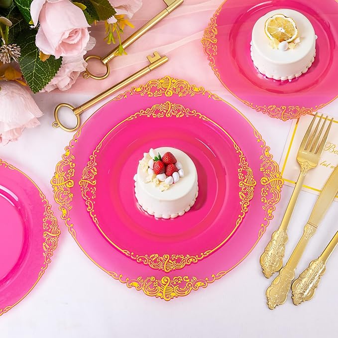 125PCS Hot Pink Plastic Plates - Clear Pink Gold Disposable Plates - Hot Pink Party Plate with Gold Plastic Silverware Set for 25 Guests for Wedding Party Birthday