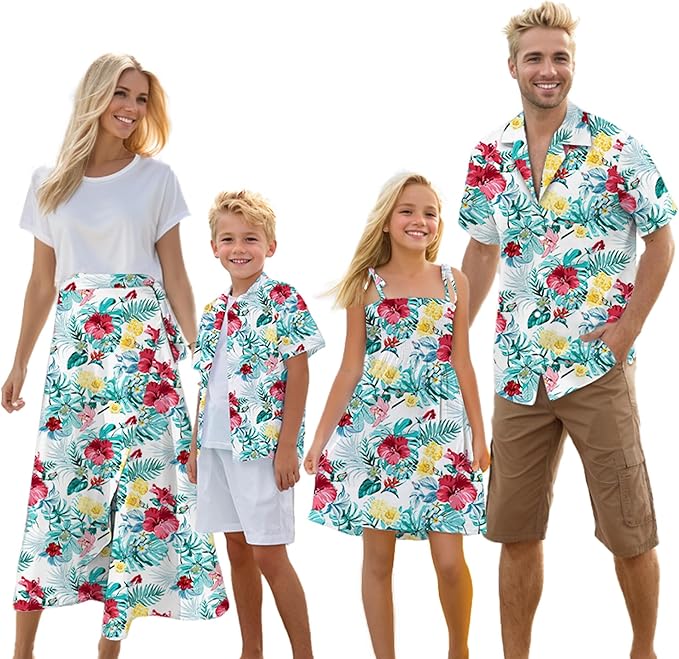 Cromoncent Matching Hawaiian Outfits for Family, Dad and Son Matching Luau Beach Tropical Shirts Mommy Daughter Tropical Sets