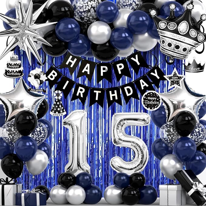 15th Birthday Decorations for Boys and Girls, Black Blue Silver Happy Birthday Number 15 Balloons, Banner, Fringe Curtains Garland Kit - 15 Year Old Party Supplies