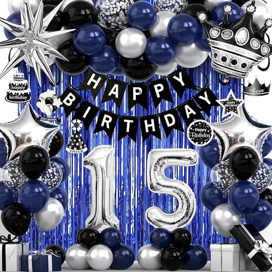 15th Birthday Decorations for Boys and Girls, Black Blue Silver Happy Birthday Number 15 Balloons, Banner, Fringe Curtains Garland Kit - 15 Year Old Party Supplies