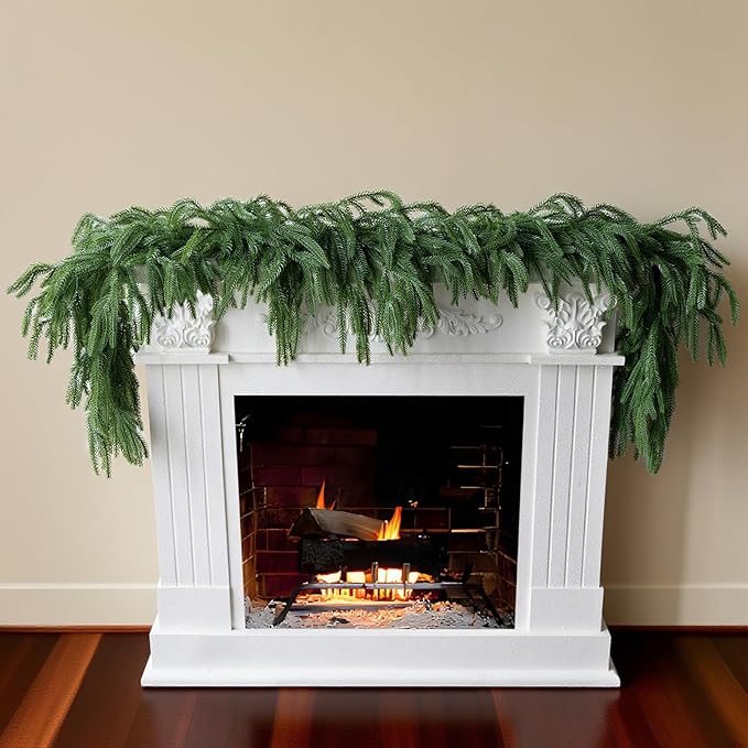 Artificial 2Pcs 5Ft Norfolk Pine Garlands, Christmas Winter Pine Garland, Real Touch Faux Green Greenery Garland for Table, Fireplace, Stairs, Mantle, Window, Indoor, Outdoor Christmas Decorations