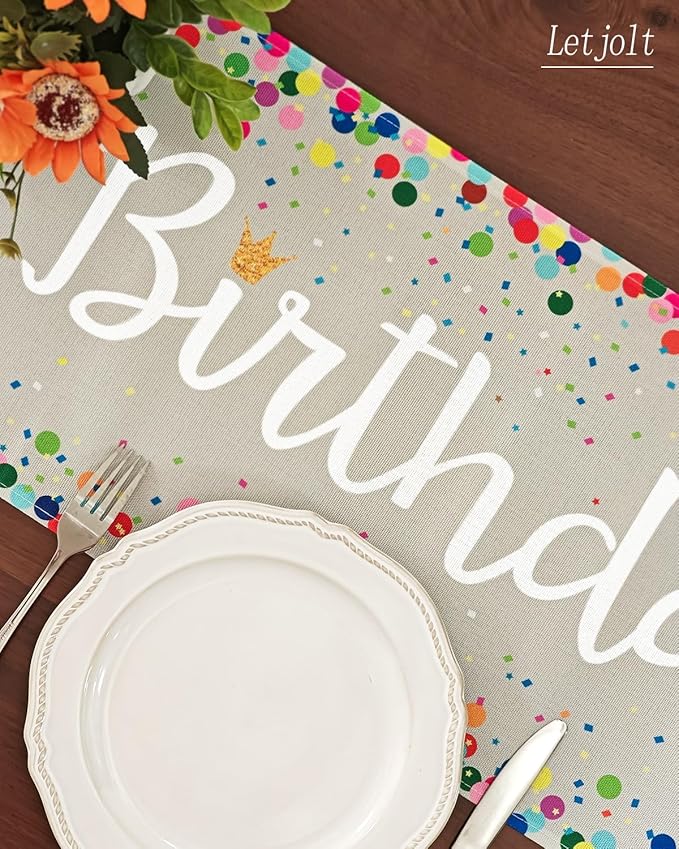 Letjolt Happy Birthday Table Runner 72 Inches Birthday Centerpieces for Tables Birth Day Party Sign Polka Dots Table Decoration, Grey