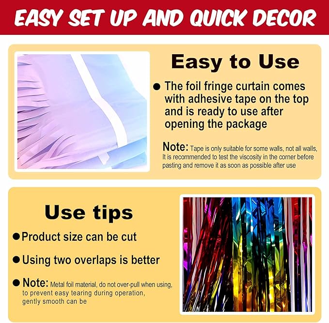 6 Pack Rainbow Foil Fringe Curtains Backdrop, 3.28 x 8.2 Ft Metallic Streamers Tinsel Curtains Background for Photo Booth, Birthday, Christmas, Halloween, Thanksgiving, New Year Party Decorations